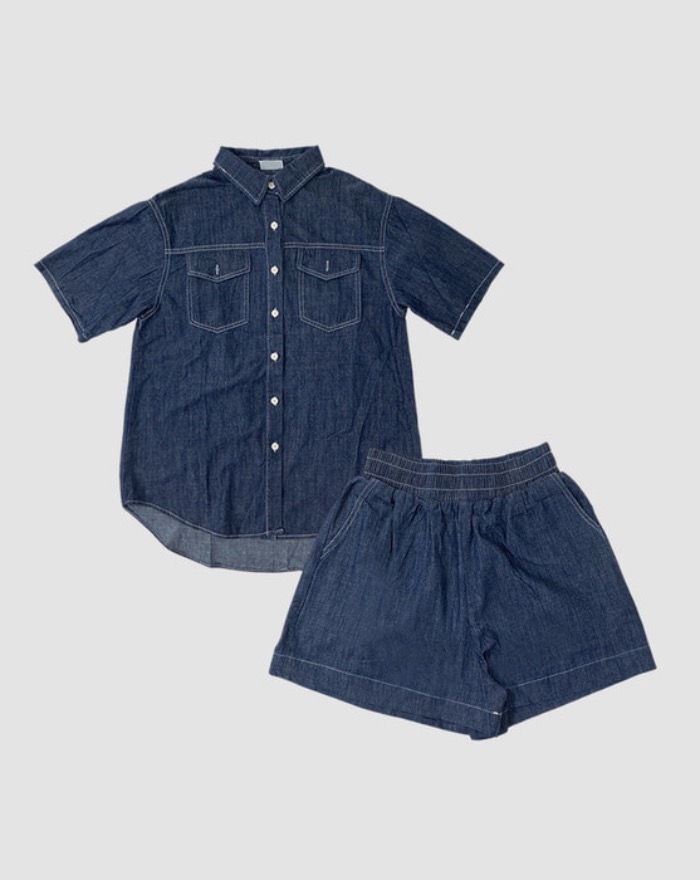 [~XL] Vintage denim shirt &amp; short pants set