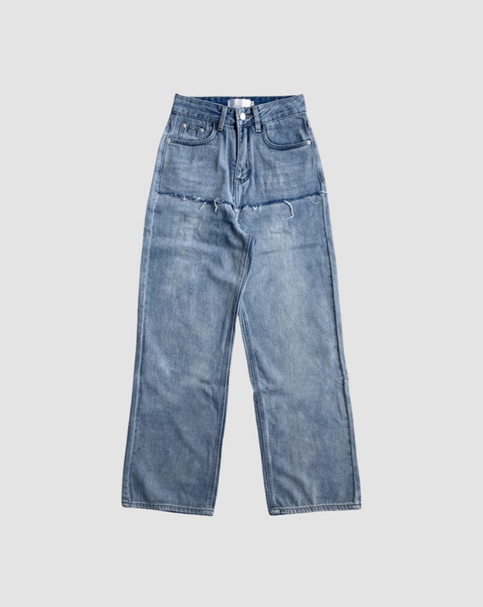 vintage washed cut wide light blue denim pants