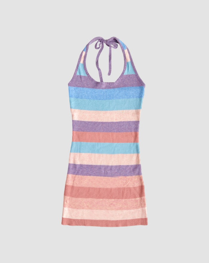 90s halter neck stripe sleeveless knit mini dress