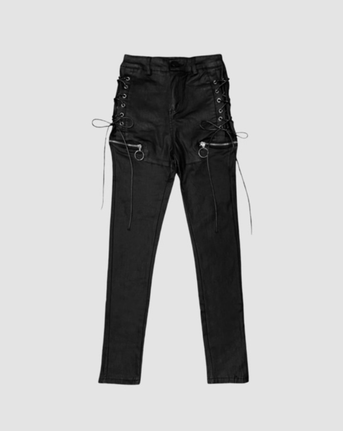 [~XL] unique eyelet X strap zip point coated skinny
