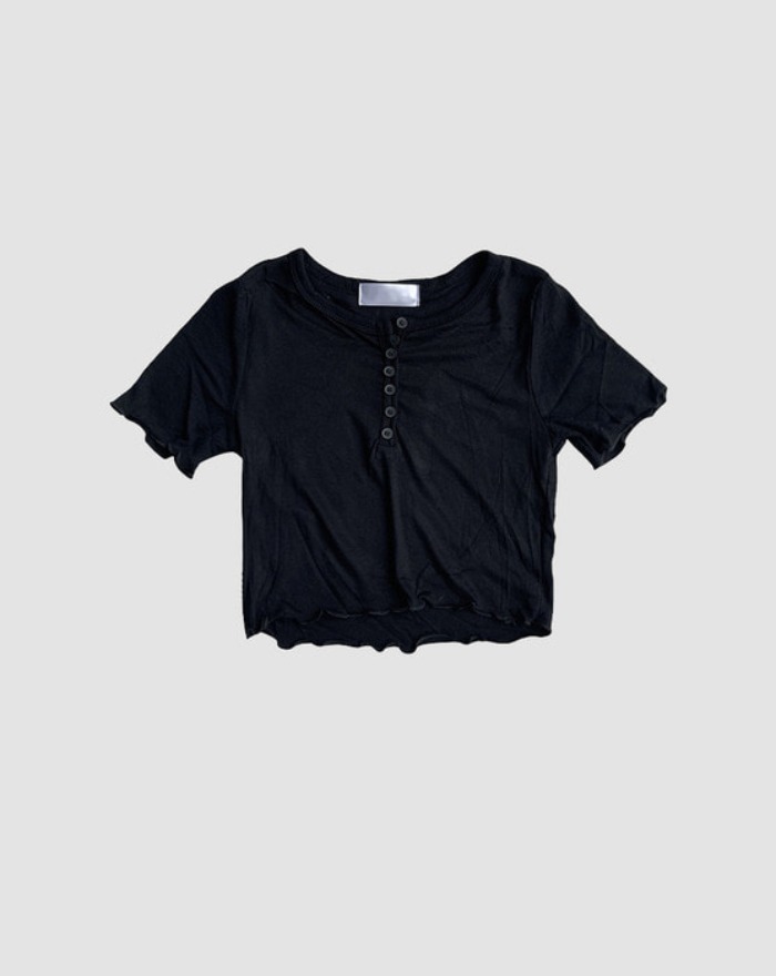 wave henry neck button cotton crop short sleeve T-shirt
