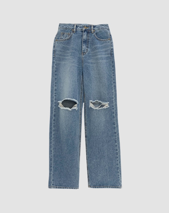 [~3XL] Cut washed wide denim pants