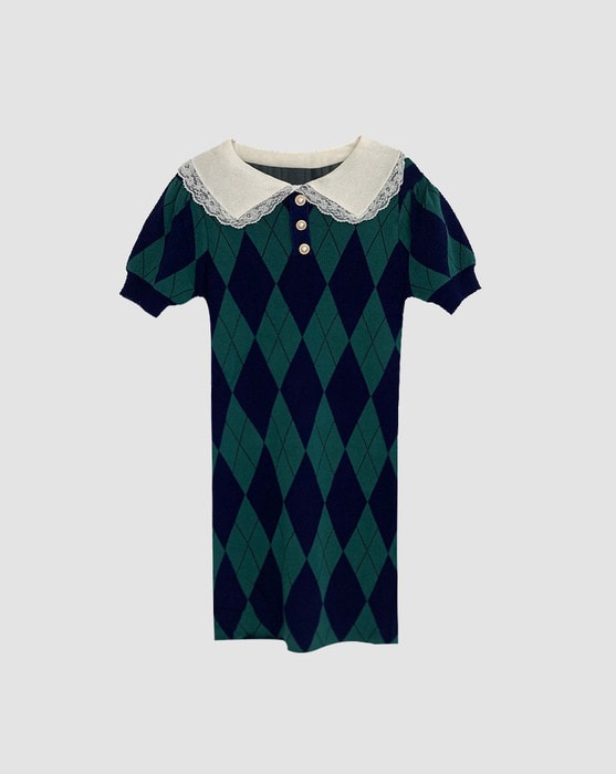 argyle check lace collar knit short sleeve mini dress