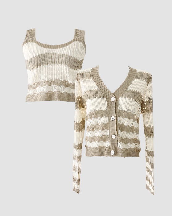 Striped padded and buttoned cardigan knit set